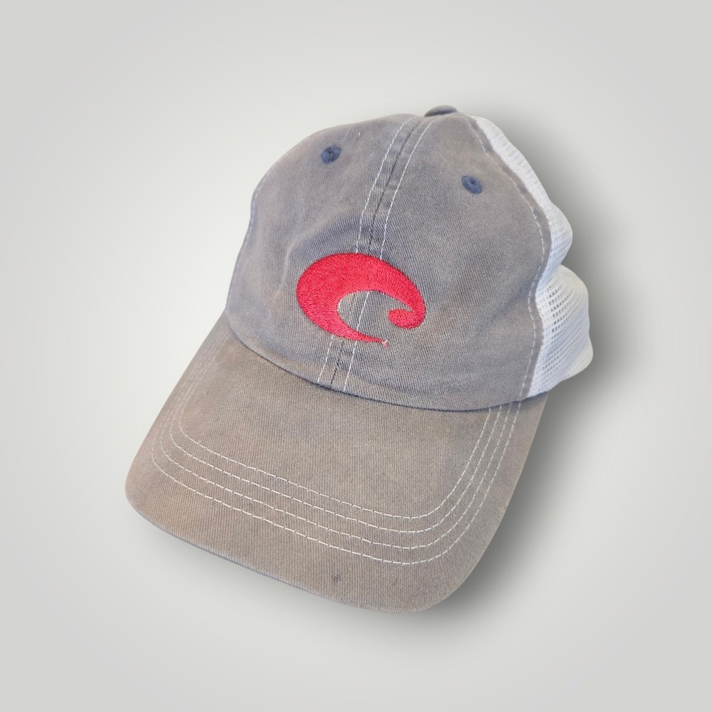 Costa Del Mar Gray White‎ Mesh Trucker Hat Red Wave Logo Adjustable Cap Fishing
